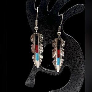 Signed Navajo Sterling Silver Faux Stone Heishi Inlay Feather Dangle Earrings